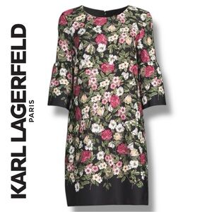 KARL LAGERFELD PARIS Floral Shift Mini Dress Bell Sleeve Multi-color Womens Sz 8